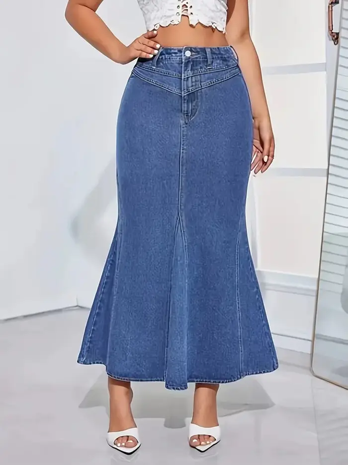 Jupe queue de poisson en jean rétro pour femmes, coupe ajustée, taille moyenne, élastique, demi-jupe
