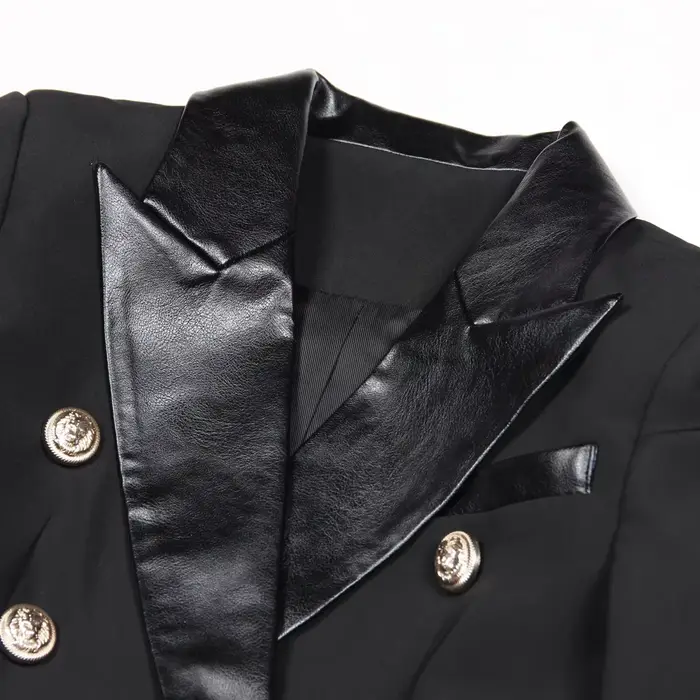 Automne hiver mode couture en cuir PU coupe ajustée à manches longues revers Double boutonnage costu