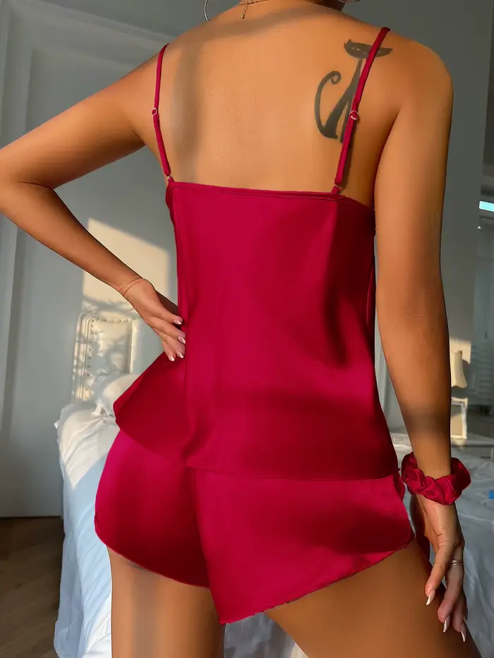Dámske hodvábne saténové letné pyžamový set, hlboké V-Neck pyžamový top a elastickým pásom šortky, domáce oblečenie a relaxácia