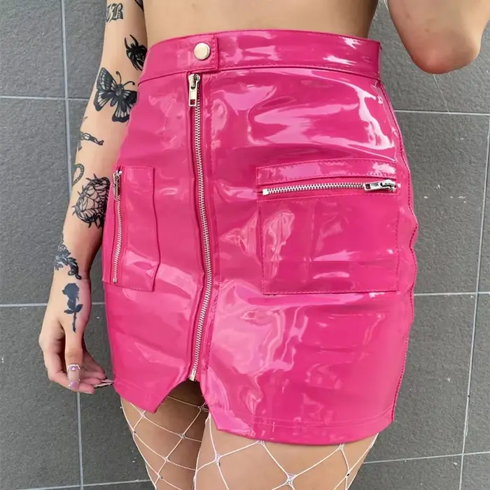 Mini jupe courte en cuir verni brillant pour femmes fermeture éclair fendue Faux Latex Sexy rose noi