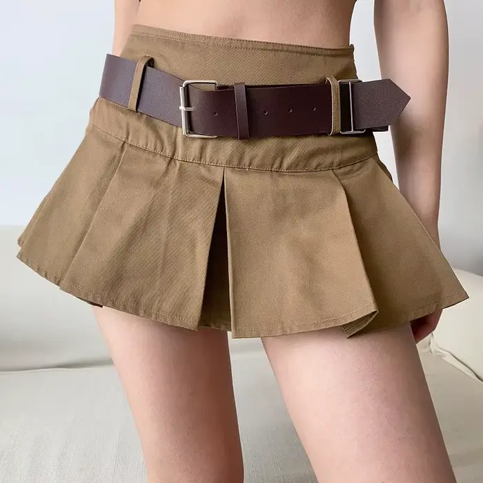 Karrram – Mini jupe plissée marron pour femmes, décontractée, taille haute, avec ceinture, mode coré