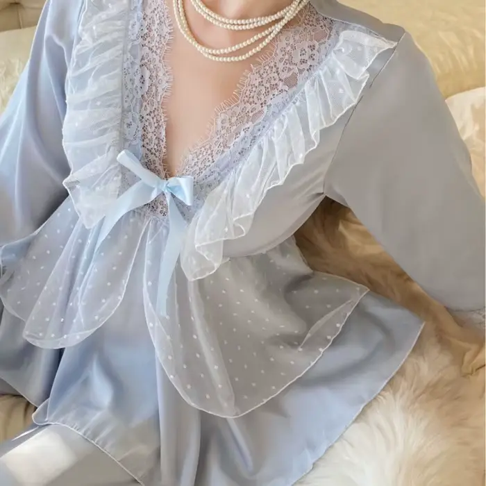 Pyjama de Soie Glaciale pour Femmes Style Mignon Longues Manches V Col Pantalon Cheville Printemps Été Occasions Spéciales