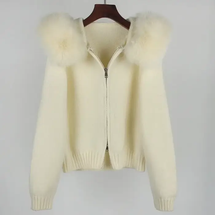 Veste courte tricotée avec manteau en fourrure naturelle pour femme, manteau décontracté à capuche, 