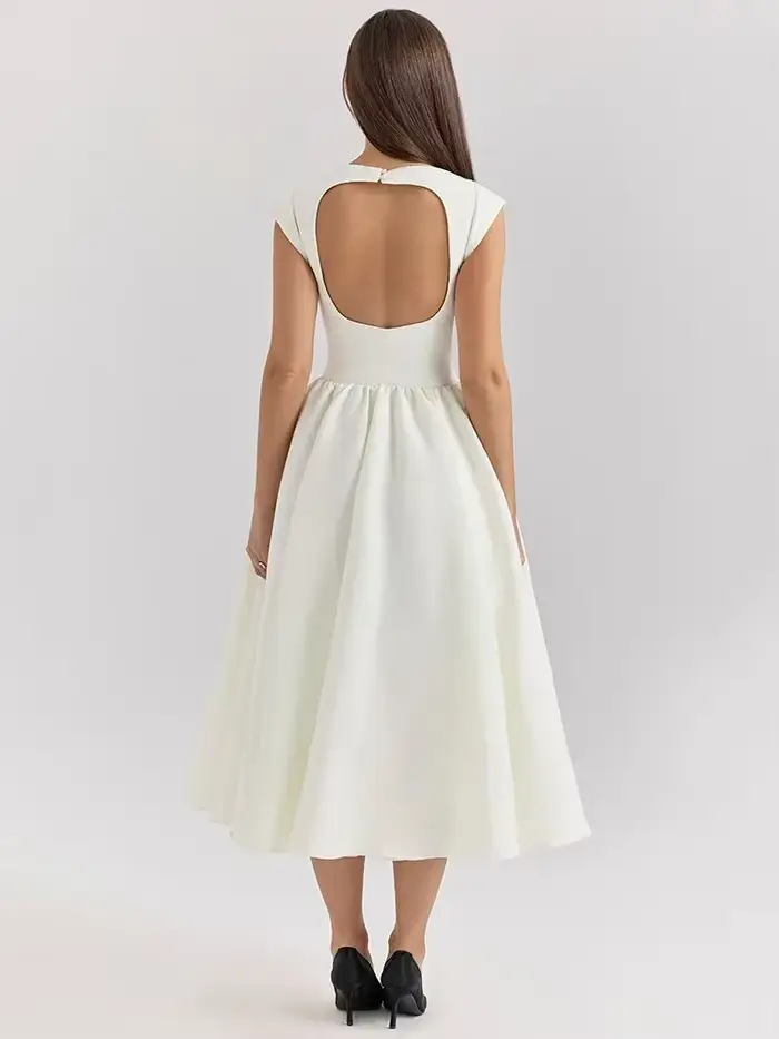 Oligai Robe Longue Crème Femme - Robe Élégante Manches Cape Dos Nu Coupe Cintrée Évasée pour Anniver