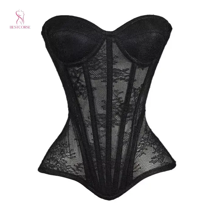XXS corset femme luxe victorien élégant noir sexy en maille, bustier extrême moulant avec bonnets, b