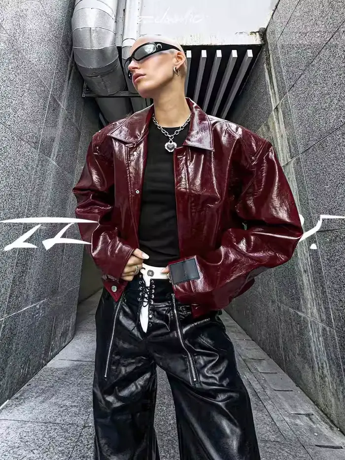 Lautaro jeseň Cool krátka nadrozmerná PU kožená bunda pre ženy s vypchávkami na ramenách
