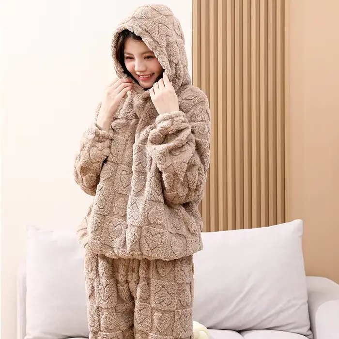 Dámske Fleece pyžamo Set, s kapucňou textúrou koralové Fleece ležérne oblečenie, dámy teplé 2-dielna Sleepwear