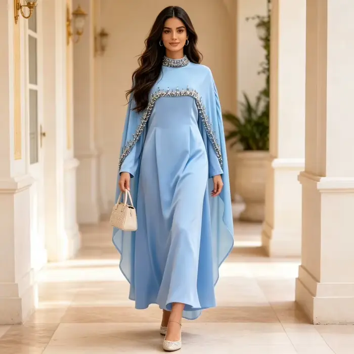 Elegantné dámske Abaya večerné šaty z polyesteru s diamantovými detailmi pre Eid ceremónie a ramadán špeciálne príležitosti