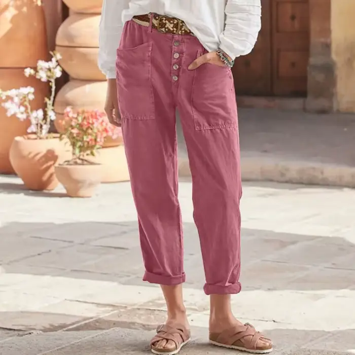 Nouveau pantalon capri décontracté pour femme 2025 – Coton et lin boutonnés, coupe ample