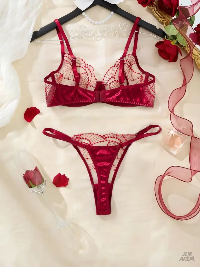 Ensemble de lingerie brodée rouge bordeaux pour la Saint-Valentin - Ensemble de soutien-gorge sexy en maille transparente froncée en deux pièces ZA825287