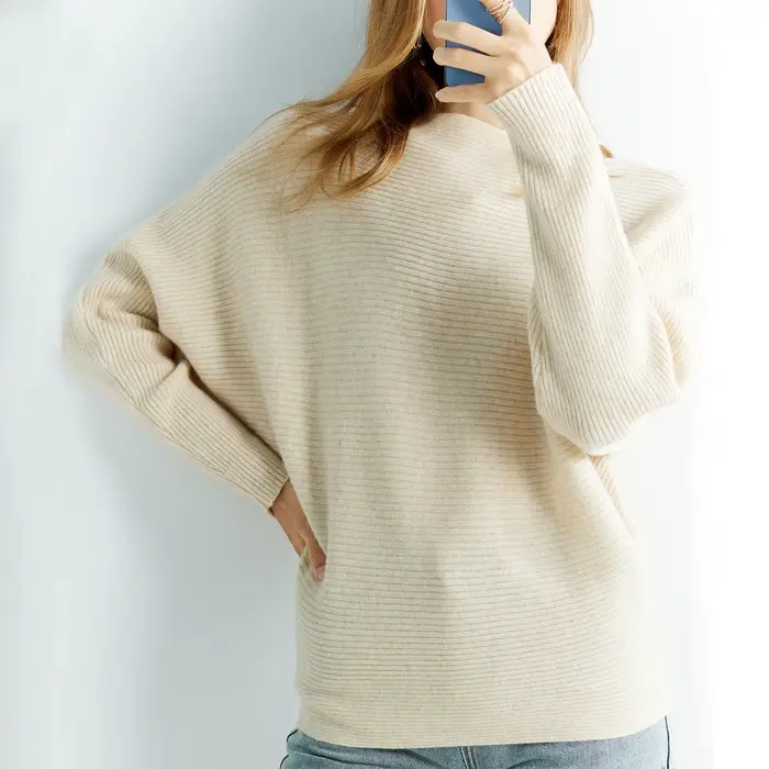 Pull tricoté en cachemire et laine mérinos pour femme, col rond, manches chauve-souris, vêtement d'h