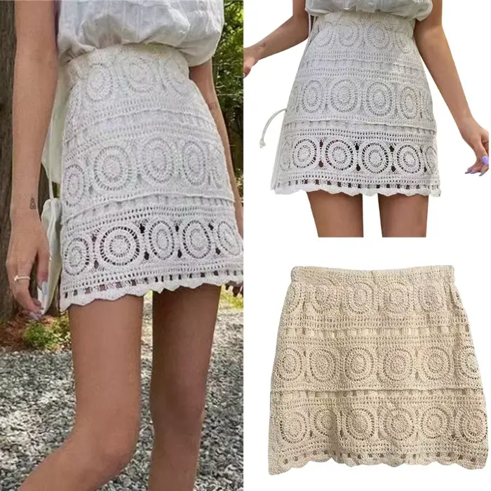 Mini jupe ajourée en tricot pour femmes, modèle géométrique Boho, taille haute, vacances à la plage,