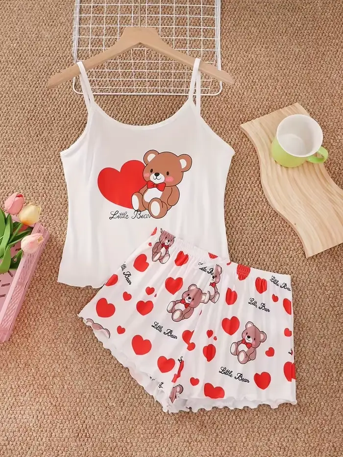 Dámske pyžamo a šortky Set, domáce oblečenie, roztomilý medveď + červené rybárske srdce tlačené, spodná bielizeň, sexy spodná bielizeň, kamzíky, nočné oblečenie