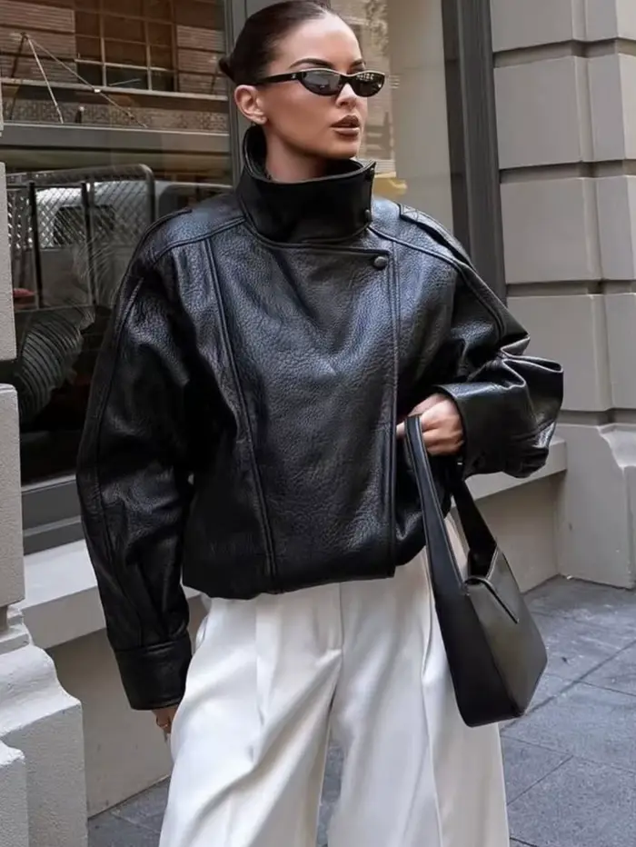 Jeseň zima dámska kožená bunda 2025 voľný casual PU umelá koža bundy kabát móda ulica moto