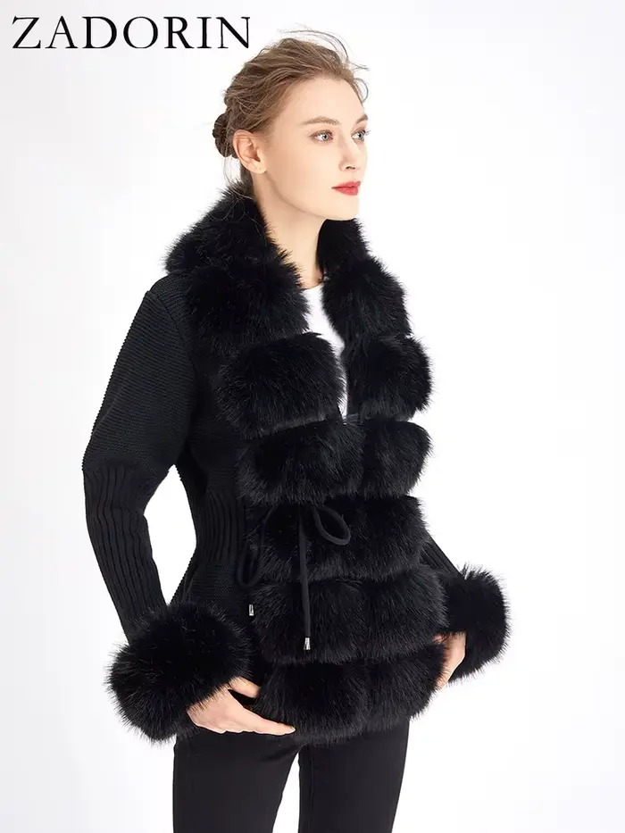 ZADORIN luxusný kožušinový cardigan pletený zimný sveter pre ženy elegantná odnímateľná kožušina opasok biela ružová