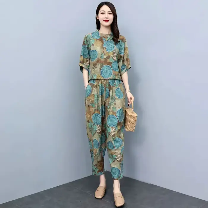 Costumes d'été pour mères d'âge moyen, nouvelle mode, réduction de l'âge, pantalon Harun, ensemble e