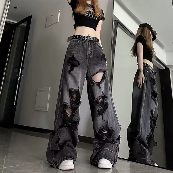 Jeans baggy vintage noir déchirés pour femmes style Y2K occasionnellement décontracté et élégant