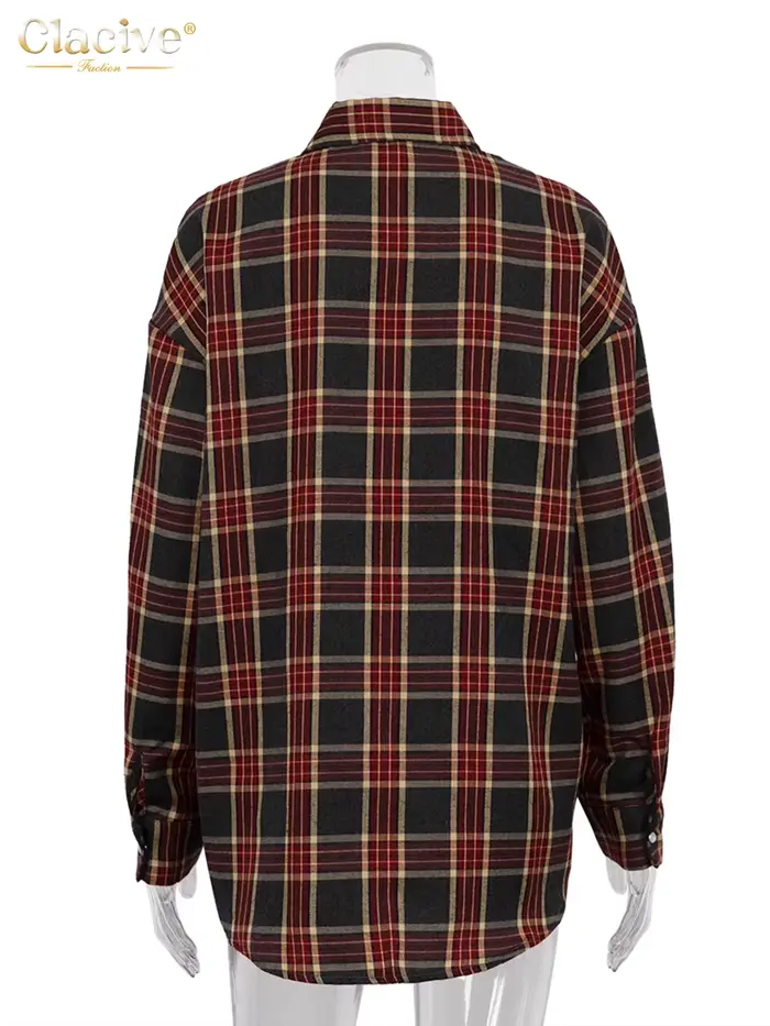 ClacMarkets-Chemisier à carreaux pour femmes, haut à lacets, revers élégant, manches longues, chemis