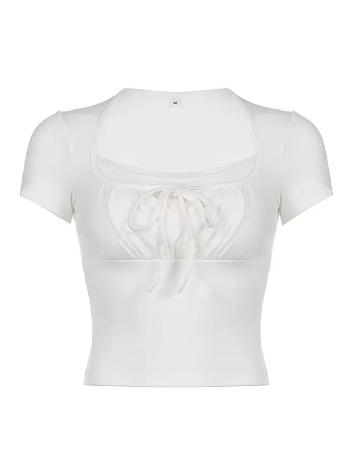 T-shirt tricoté blanc décontracté pour femmes, patché en Lac, Style coréen Y2K, Slim, à nouer, fronc