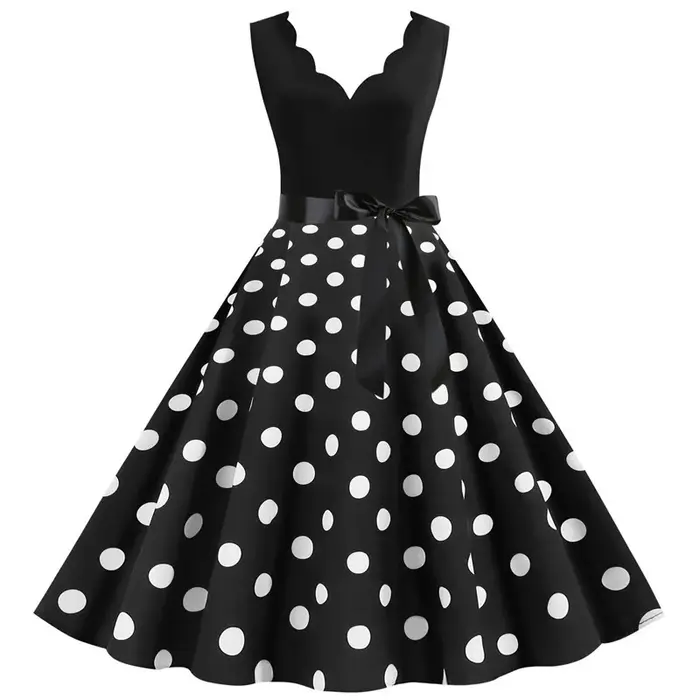 Femmes rétro robes d'été 50s 60s sans manches col en v à pois nœud boule cultivé fête Robe d'été Rob