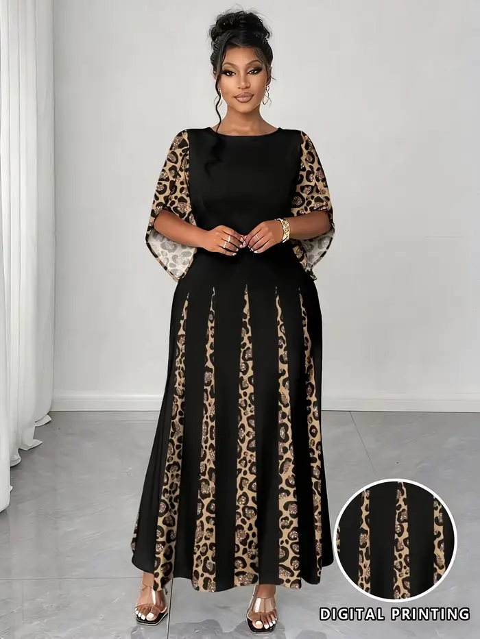 Robe maxi élégante à imprimé léopard, robe longue à manches longues tendance grande taille, vêtement