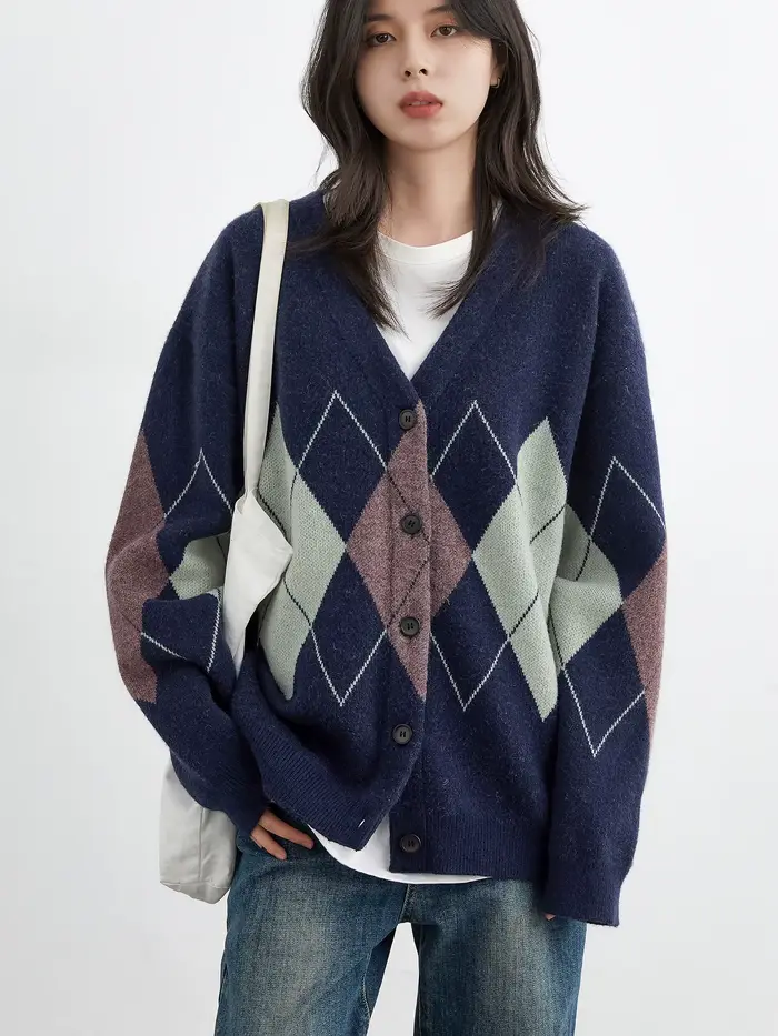 CHIC VEN femmes chandails ample décontracté rétro diamant grille Jacquard tricoté dames Cardigan col