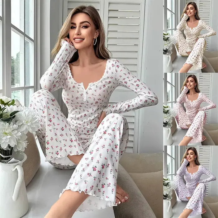 Dámske pyžamový set, mäkké a pohodlné, kvetinová tlač, sexy, s dlhým rukávom Top a nohavice, Sleepwear, dvojdielna sada, domáce oblečenie