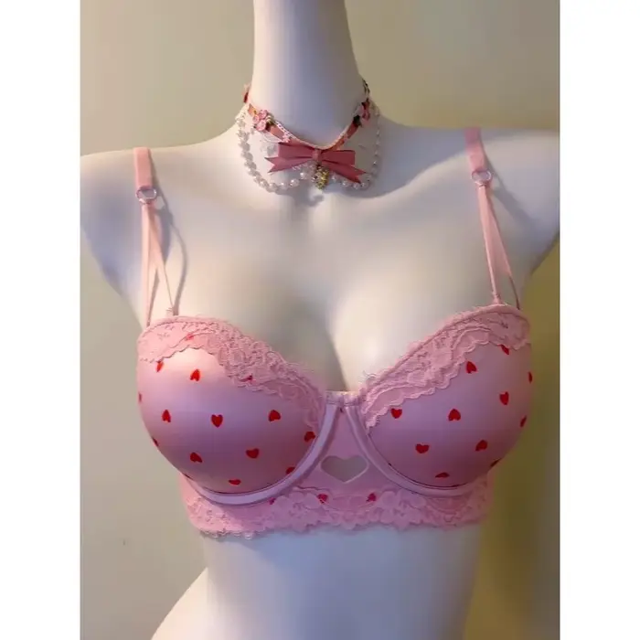 Sladké dievča srdce čipka Push-up podprsenka Set pre malé prsia, s bočným stojanom Anti-sagging, polstrované, spodná bielizeň, veľkosť 32-38