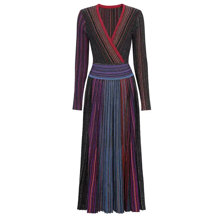 Robe longue trapèze en tricot rayé pour femme, nouveau Style élégant, Slim, ajusté, col en v, manche