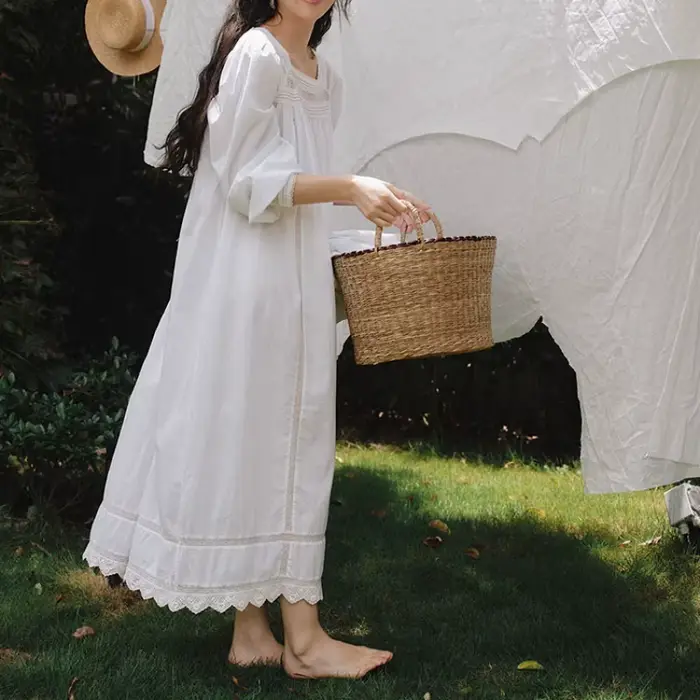 Nouvelle Robe de Nuit Princesse Blanche à Manches Longues Style Victoria, 100% Coton, Col Carré en Dentelle, Vintage, Longue, Ample, Style Français