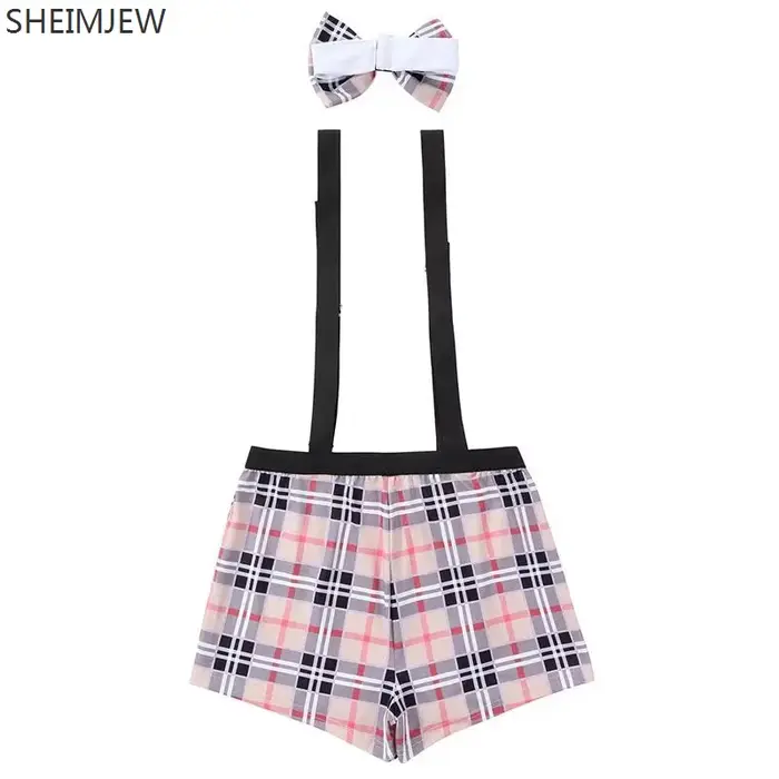 Qqa 2025 Plaid Noir Sexy ​   Costume de serveur de Lingerie, tenue à bretelles, Costumes d'halloween pour hommes, vêtements de club de fête