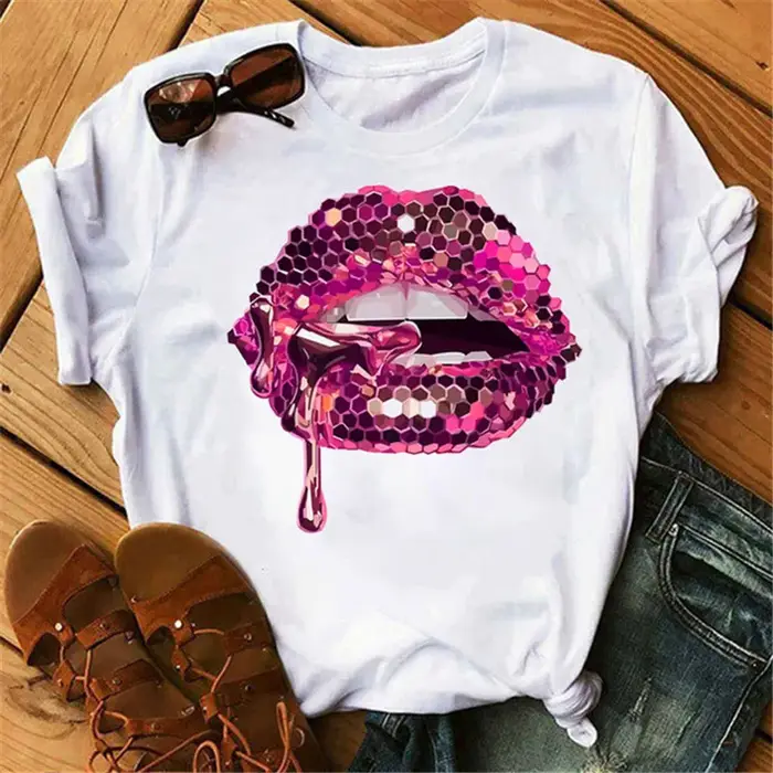 Maycaur femmes diamant lèvre graphique t-shirt mode femme hauts col rond Sexy noir t-shirts drôle dé