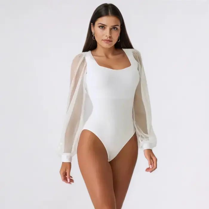 BornToGirl Sexy Body pre ženy čierna biela priliehavá s dlhými rukávmi jednodielna sieťovaná