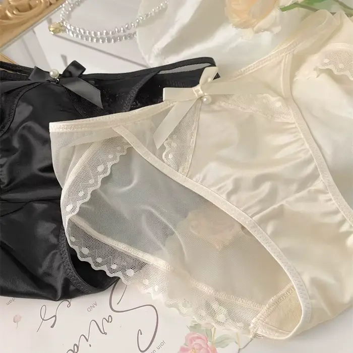 Dámske trojuholníkové nohavičky s roztomilým uzlom, sexy francúzska čipka, luxusná textúra, priedušný satén, sieťovina, bavlnený šev