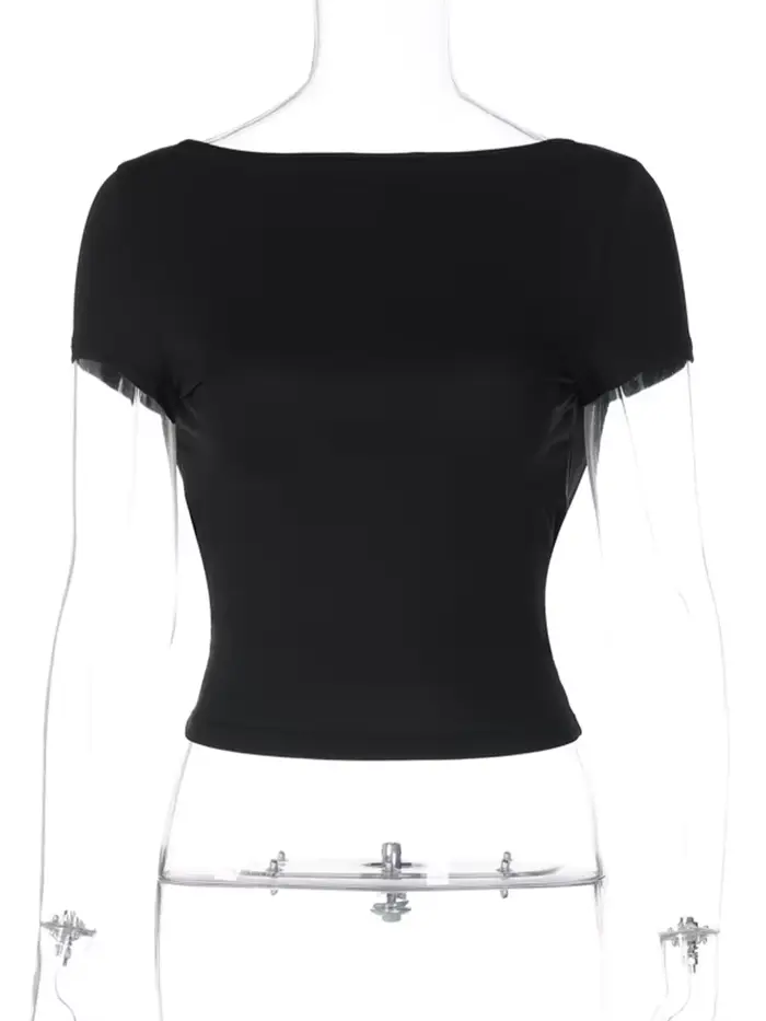 Haut court froncé à manches courtes et col rond pour femme, Streetwear Y2K, T-Shirt décontracté, dos