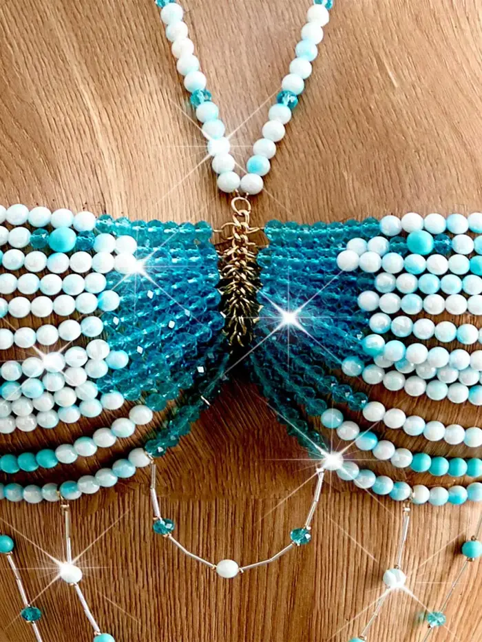 Korálky telo reťaz multicolor neba modrá a biela pre ženy, podprsenka štýl, pre pláž, leto, bikiny, orezať top, sexy večerné oblečenie