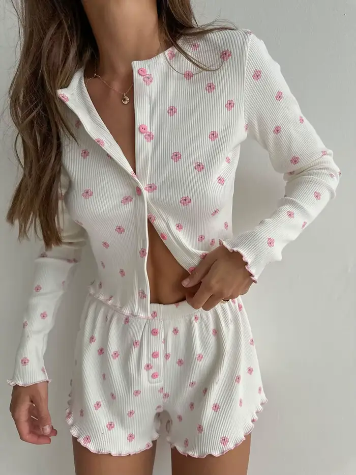 Ensemble pyjama côtelé en tricot pour femme, imprimé floral, haut à manches longues et short, vêteme