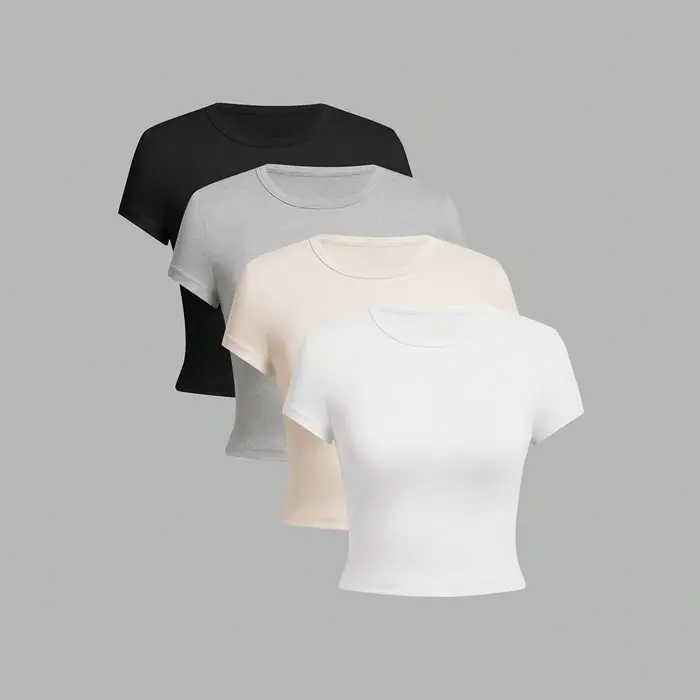 4 pièces couleur unie basique à manches courtes T-shirt ajusté pour les femmes décontracté été minim