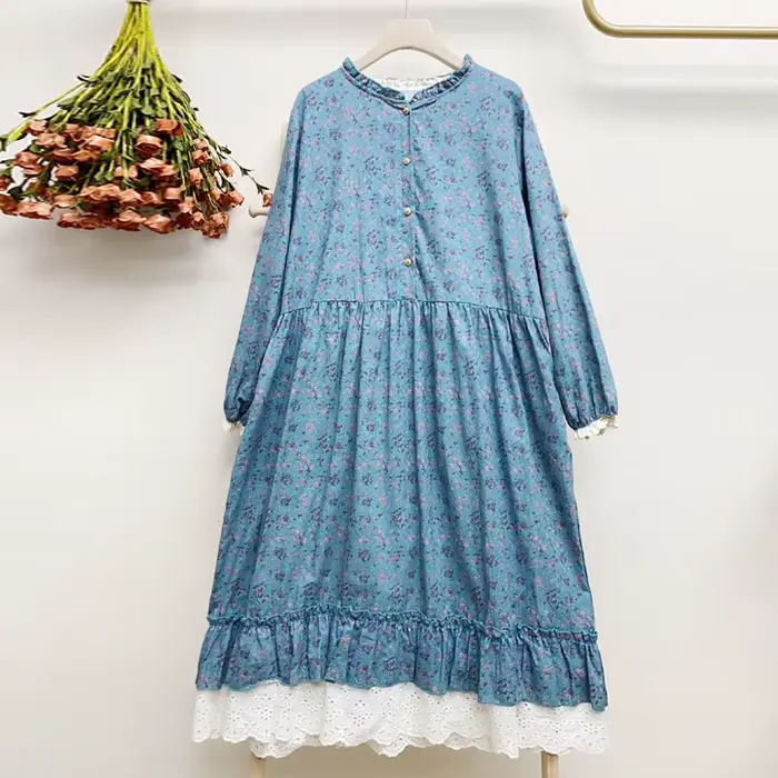 JohmobJapanese-Robe vintage en coton et lin pour femme, imprimé patchwork, en dentelle, avec poches,