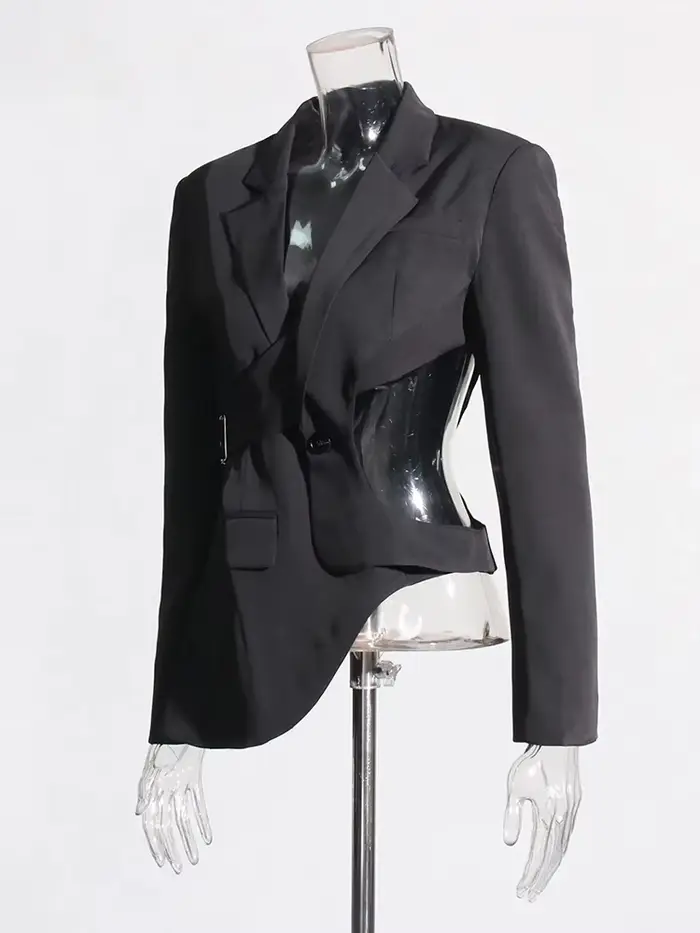 TWOTWINSTYLE pevný odhalený chrbát štíhly Blazer pre ženy s výstrihom dlhé rukávy spájaný gombík