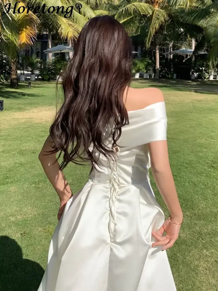 Horetong Bow Slash cou robe Sexy été femmes fée blanche élégante a-ligne robes mi-longues femme fête