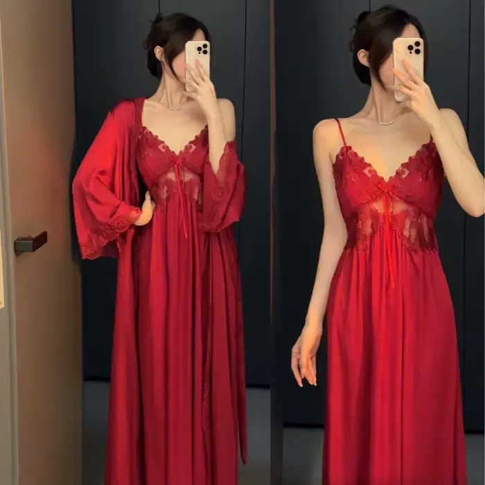 Dámske dlhé šaty Set, nočná košeľa Elegantný hodvábny satén, Nočné a vnútorné oblečenie, Sexy čipka spodná bielizeň, Relaxačný outfit