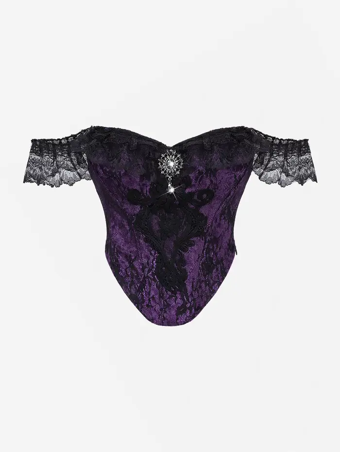 Corset gothique sans bretelles, superposition de dentelle florale, épaules dénudées, paillettes scin
