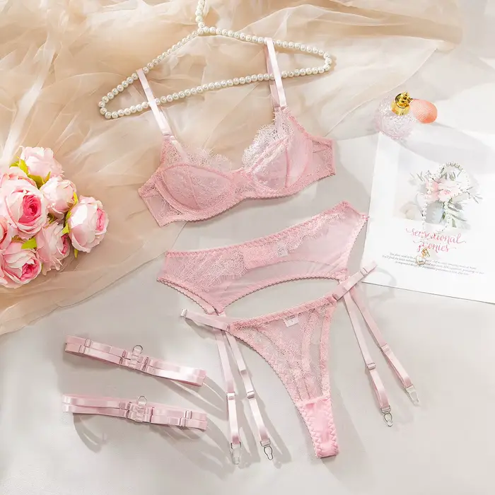 Ensemble de Lingerie Fantaisie Sexy et Élégante 3 Pièces avec Jarretelles, Soutien-Gorge Sissy Coule
