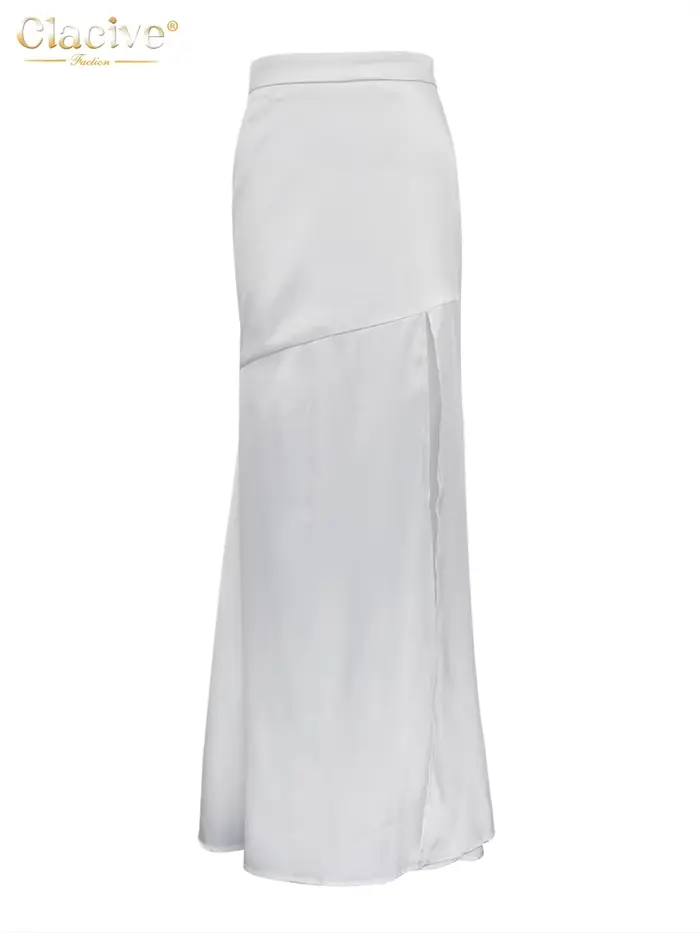 ClacMarkets-Jupe Longue en Satin Blanc pour Femme, Sexy, Mode, Taille Haute, Élégante, Chic, Fente L