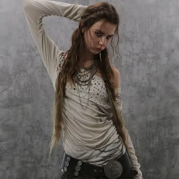 Karrcat Grunge Estetické Mimo Rameno Tričko Trashy Y2k Diamantová Potlač Vintage 2000-tych Roky Streetwear Punk Štýl