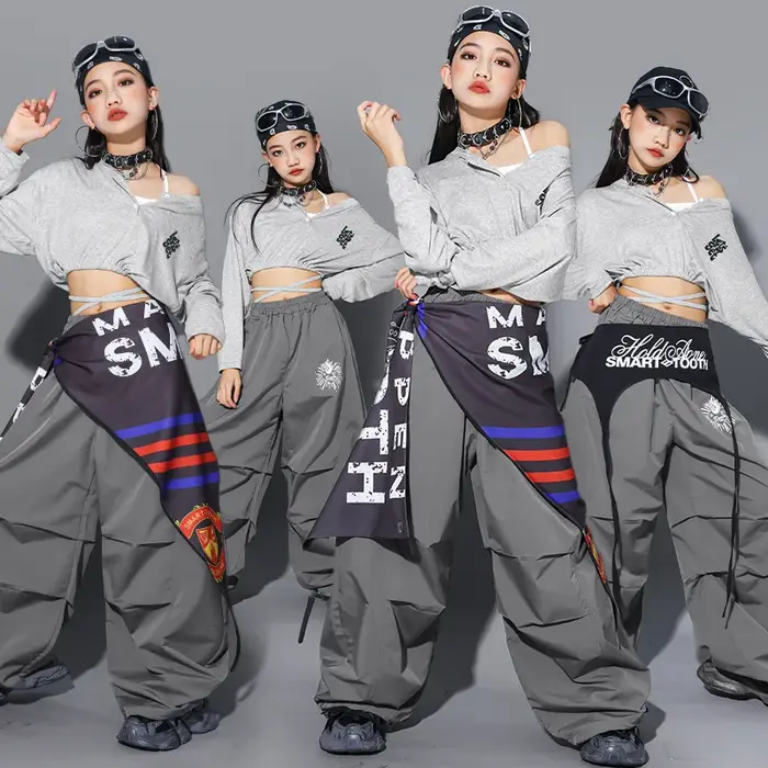 Crop top à lettres K-pop pour filles, pantalon cargo, streetwear pour enfants, costume de groupe de 