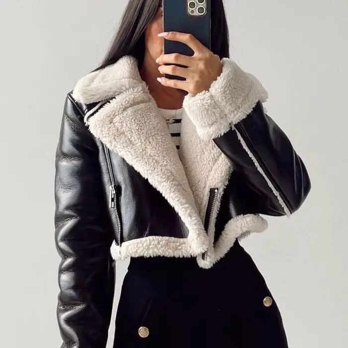 Vestes Courtes en Faux Cuir d'Agneau pour Femme, Fourrure, Fermeture Éclair, Chaud, Vintage, Automne