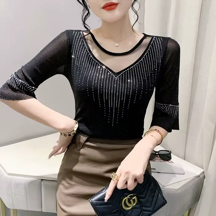 Sexy Patchwork maille t-shirt mince 3/4 manches été femmes haut forage chaud décontracté brillant so