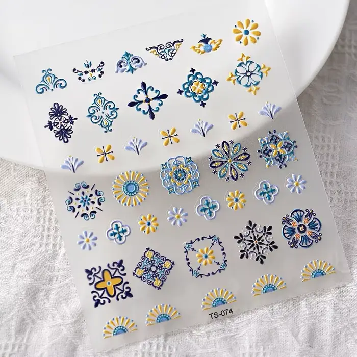 Autocollants pour ongles bohème 5D, 1 pièce, autocollant pour ongles, Design abstrait, rétro, bleu, 